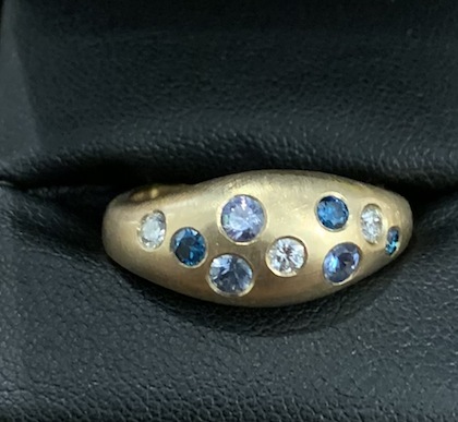 D Fallowfield  |blue and white moissanite diamond  Signet yellow gold | McATAmney Gallery and Design Store | Geraldine NZ